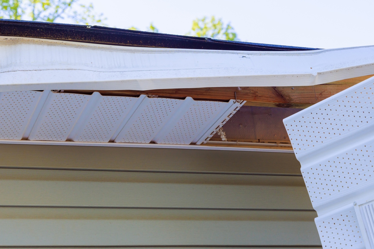 Loose or missing gutters, downspouts, soffit or fascia