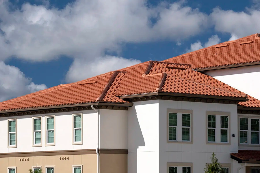Red barrel tile roof on a Mediterranean-style commercial building