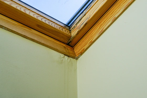 Water damage staining the wall and ceiling beside an interior skylight