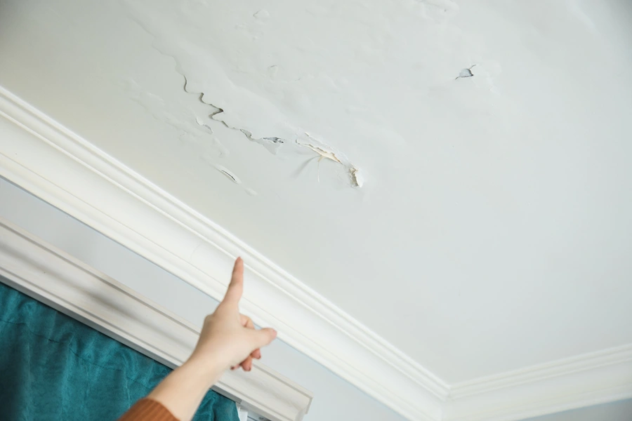 Homeowner pointing to a crack and water damage on a ceiling below a roof leak