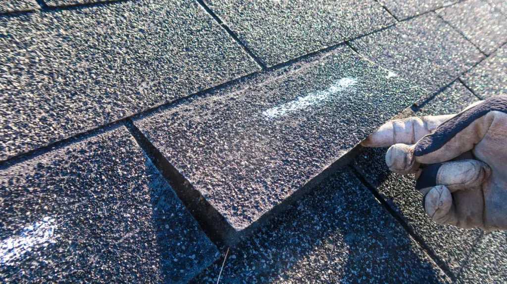 Gloved hand lifting a damaged shingle tab during a roof inspection
