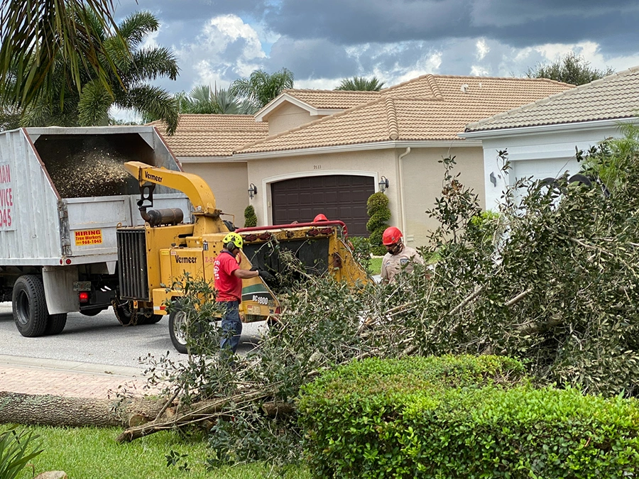 Crew feeding storm-downed tree limbs into a chipper outside a home