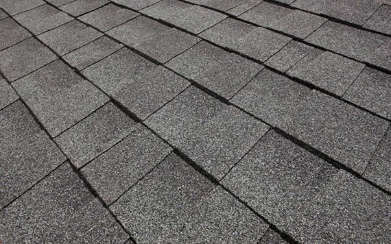 Close-up of dark gray architectural asphalt shingles on a residential roof